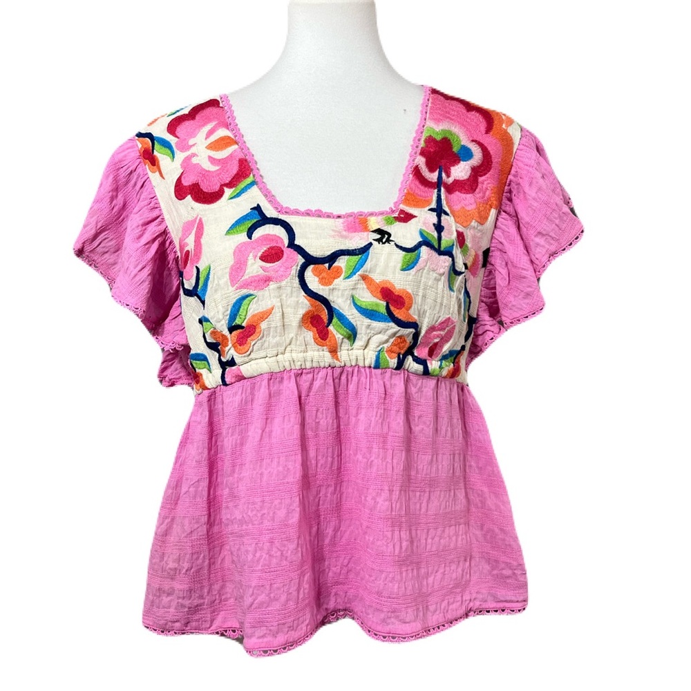 Anthro Plenty Tracy Reese Pink Embroidered Boho Top XL - Picture 4 of 10